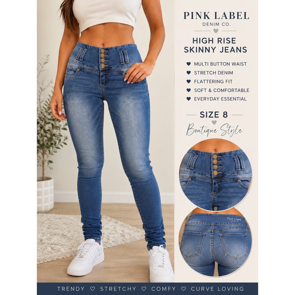 Pink Label Denim Co High Rise Skinny Jeans Size 8 Stretch Blue Denim